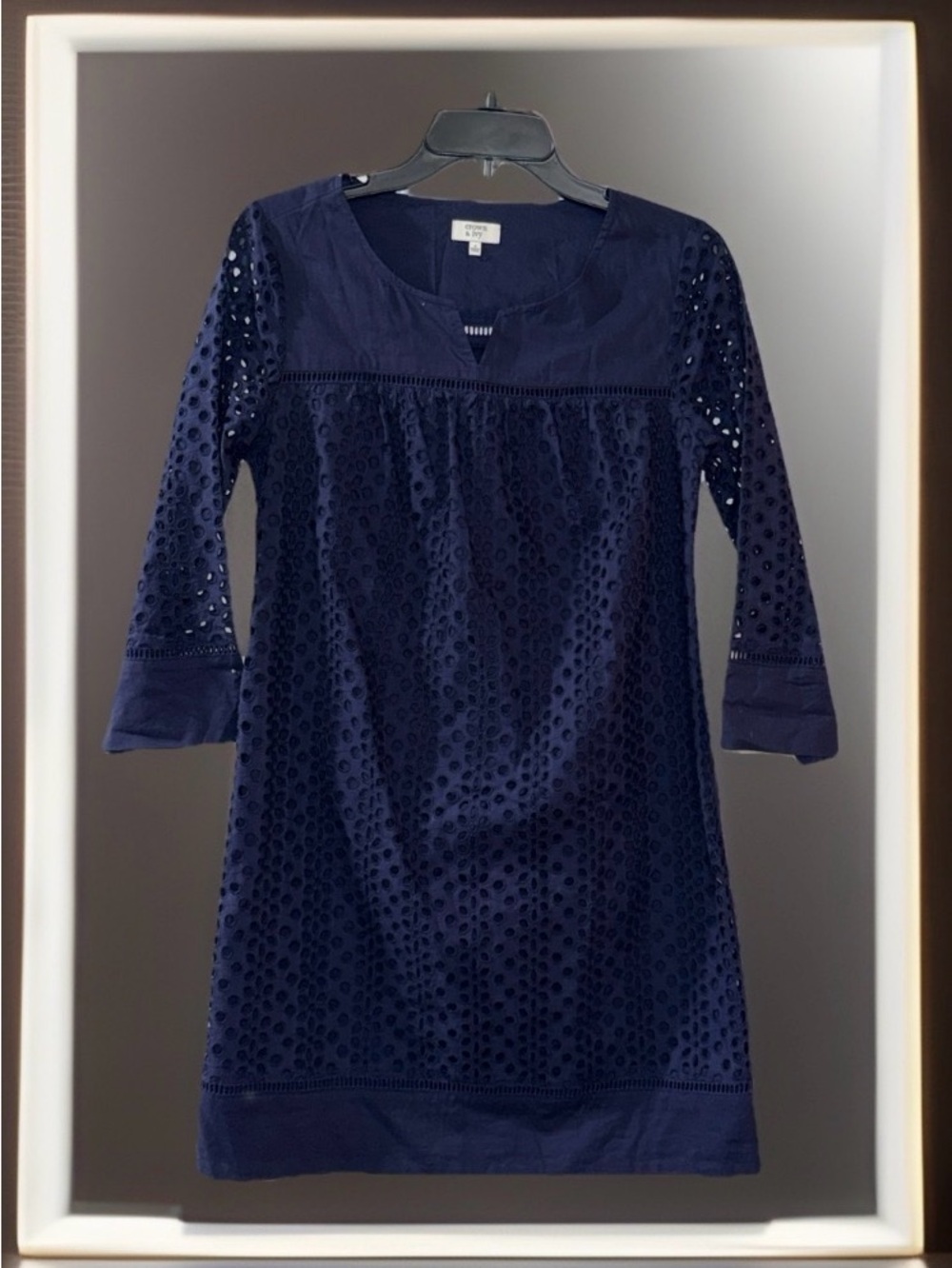 Crown & Ivy Navy Long-Sleeve Shift Dress w/Eyelet Detail-Lined-4-EC